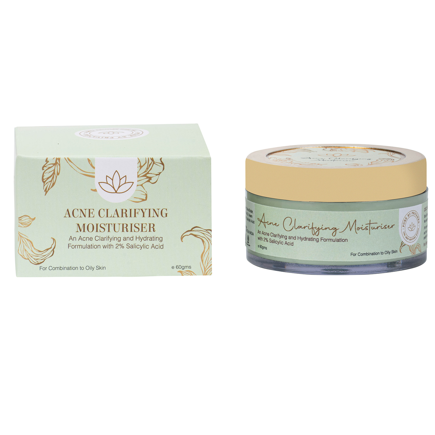Acne-clarifying Moisturiser jar with packaging by Pure by priyanka
