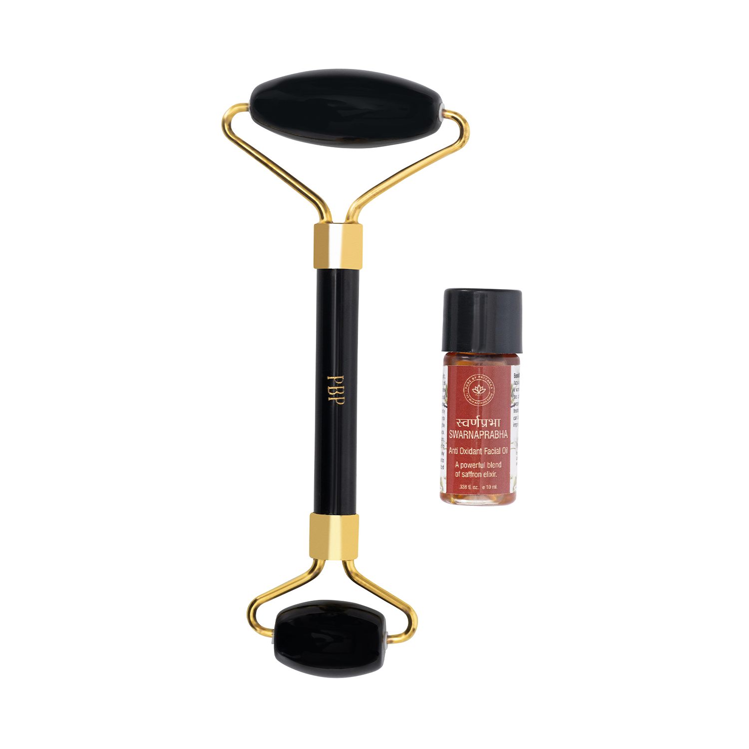 Black Obsidian facial roller tool with swarnprabha facial oil 