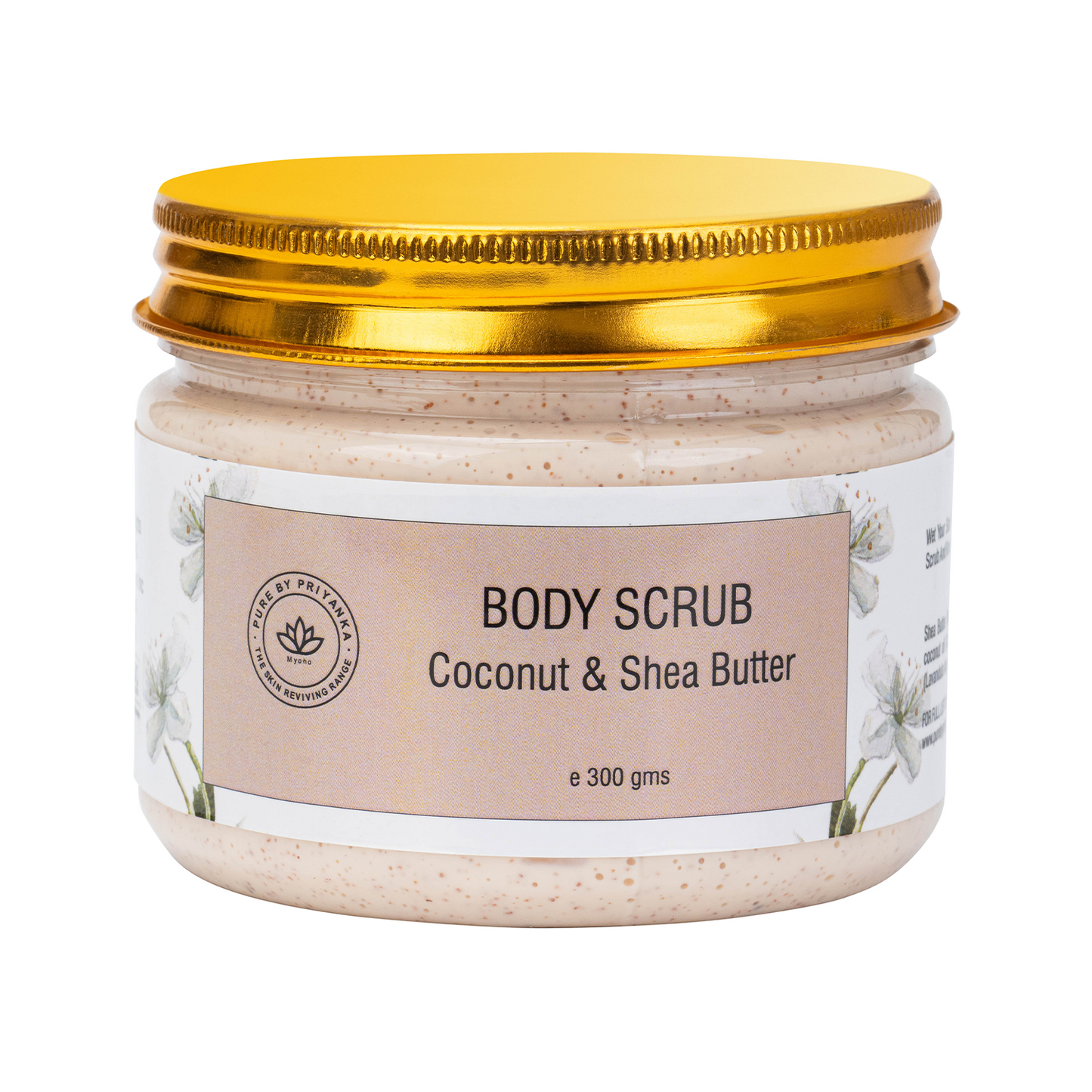 Coconut and shea butter body scrub skincare product packaging by pure by priyanka
