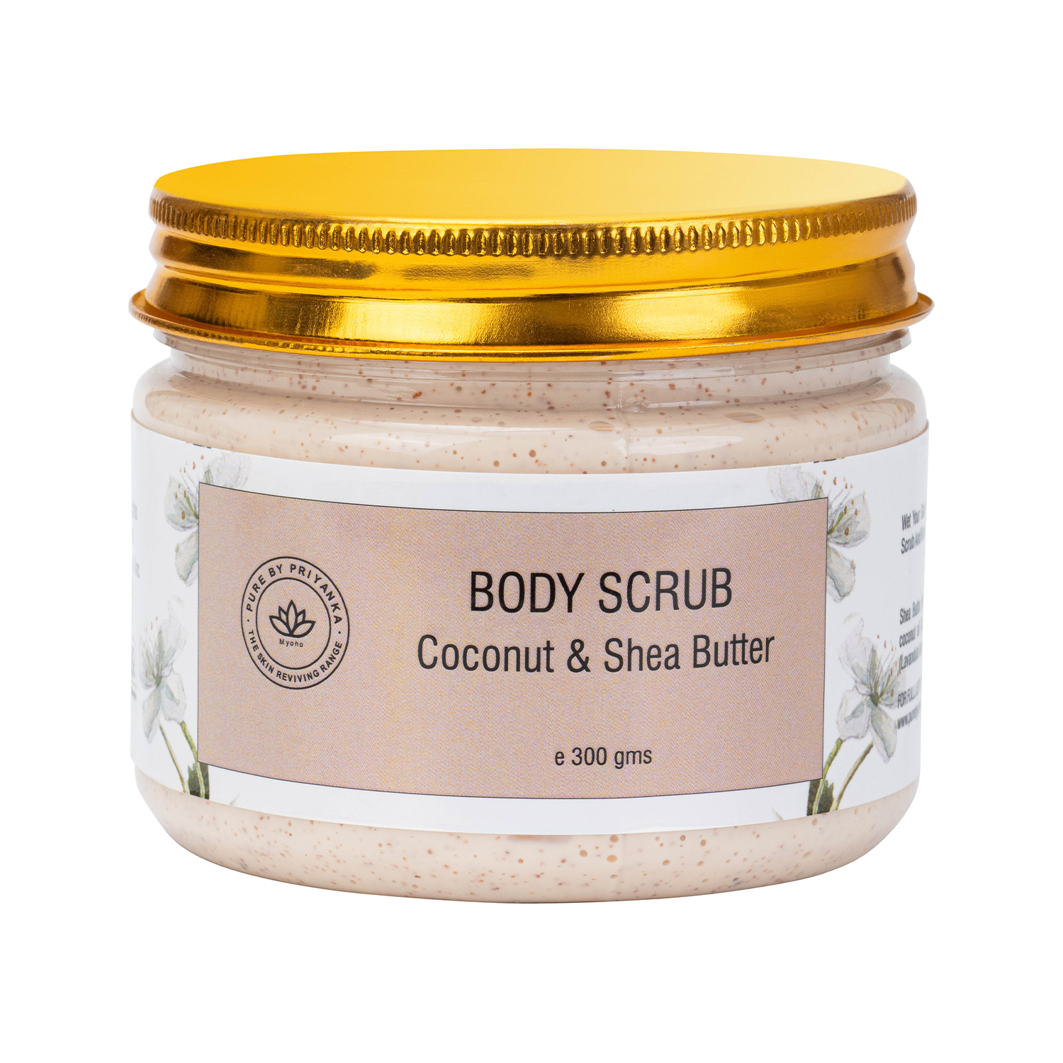 Coconut and shea butter body scrub skincare product packaging by pure by priyanka