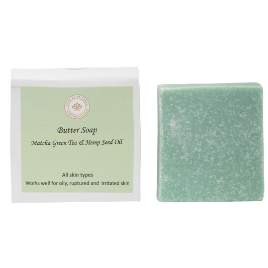 Matcha Green Tea & Hemp Seed Oil soap packaging with bar by pure by priyanka