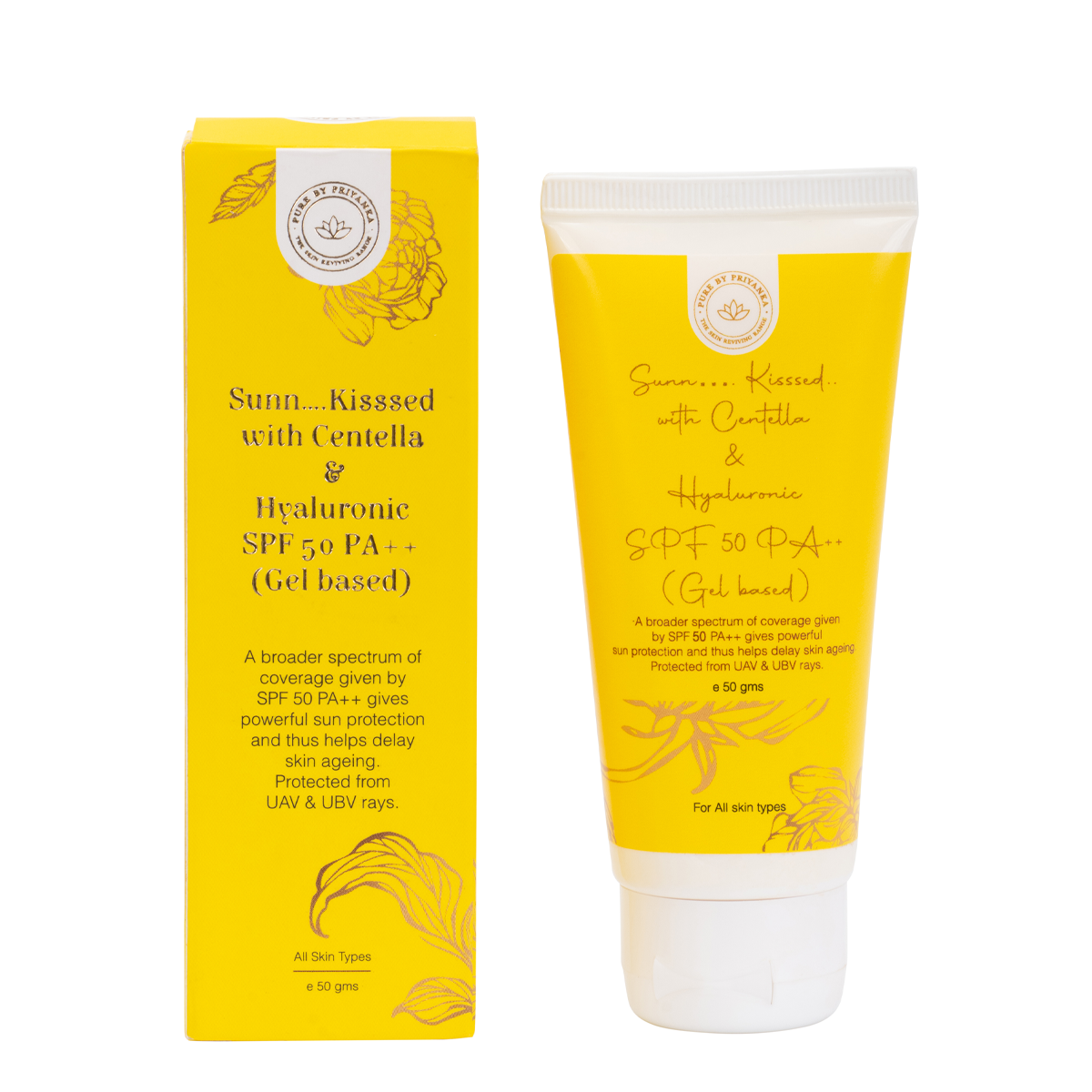 Sunkissed sunscreen SPF 50 in packaging by pure by priyanka 