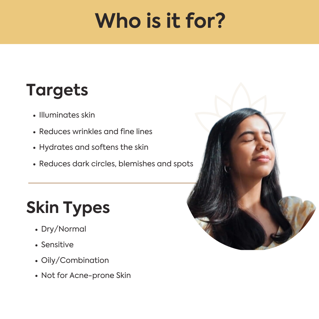 The Kumkumadi elixir glow serum is for all skin types. 